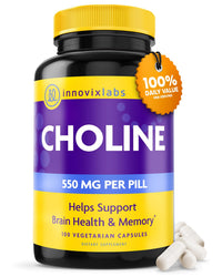 Thumbnail for InnovixLabs Choline Supplement 550mg Pure Choline Bitartrate for Brain Health, Focus, Memory, Cognitive Development, Fatty Liver and Mood Support for Women and Men, 100 Capsules