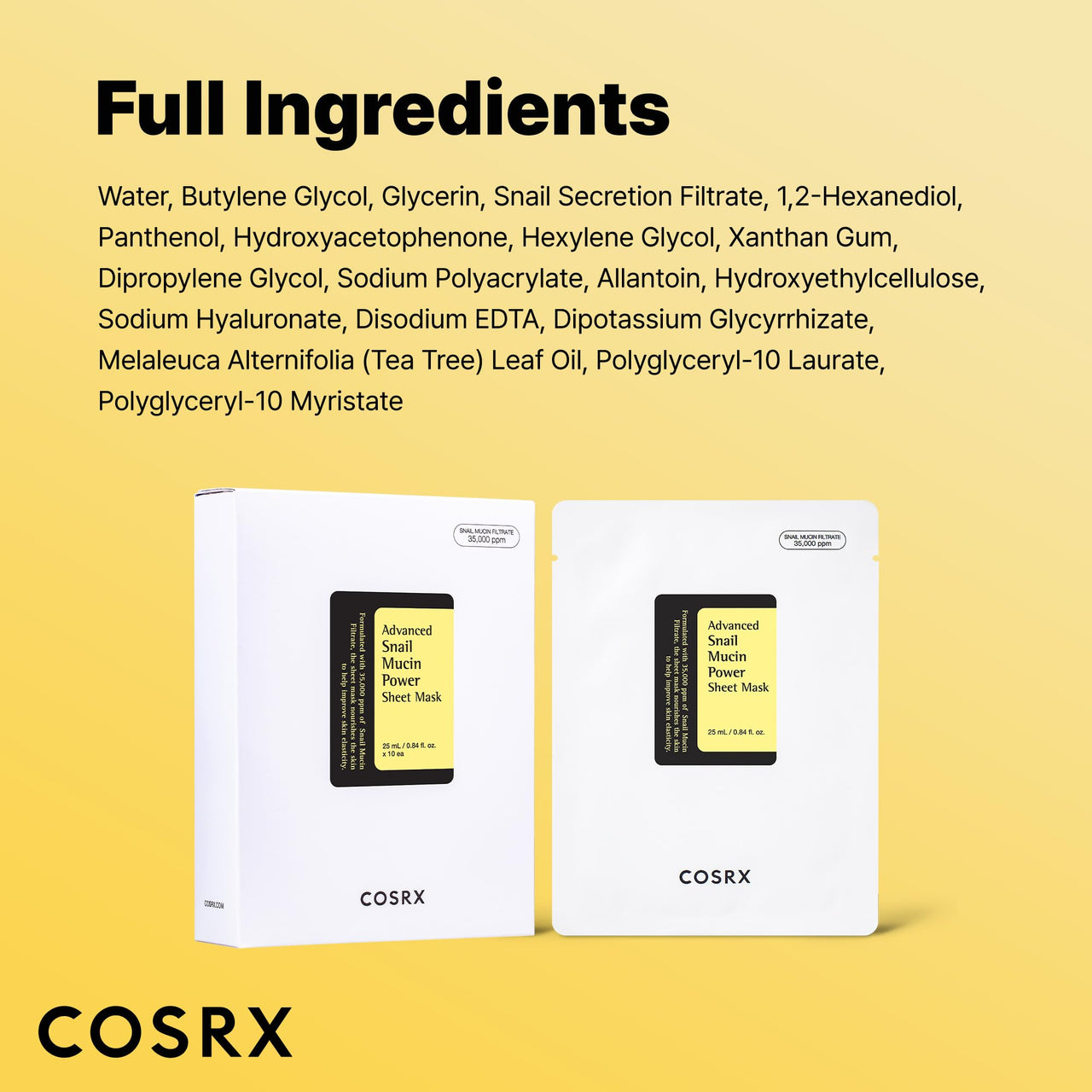 COSRX Snail Mucin Sheet Mask 10 EA with Snail Mucin Serum, Hydrating Face Sheet Masks for Dry & Sensitive Skin, Korean Face Mask for Self Care, Korean Skin Care
