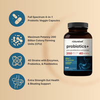 Thumbnail for NatureBell Probiotic 200 Billion CFU – 40 Strains Per Serving | 240 Veggie Capsules with Prebiotics and Probiotics – Full Spectrum Complex with Enzymes – Daily Probiotics for Women & Men