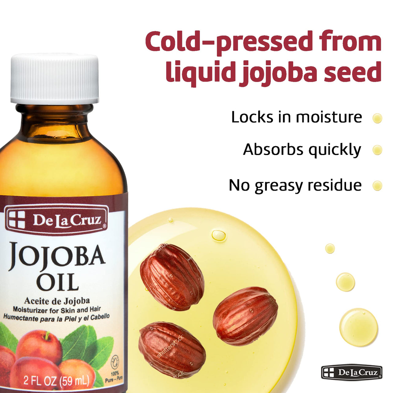 De La Cruz Pure Jojoba Oil, Expeller-Pressed, Hexane-Free, Non-GMO, Bottled in USA 2 FL. OZ. (1 Bottle)
