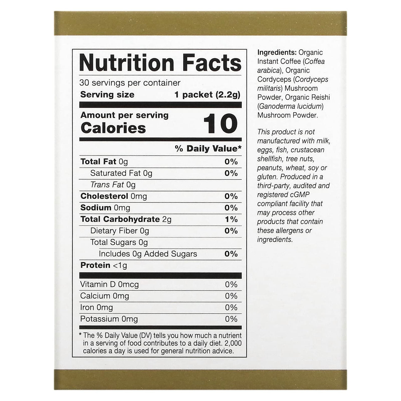 California Gold Nutrition CafeCeps, Certified Organic Instant Coffee with Cordyceps, and Reishi Mushroom Powder, 30 Packets, 0.08 oz (2.2 g) Each