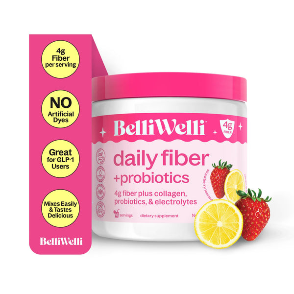 BelliWelli Fiber Supplement for Women & Men Premium Daily Fiber Powder from Organic Acacia with Added Collagen Electrolytes & Probiotics No Bloat Constipation & Gut Health Support(Strawberry Lemonade)