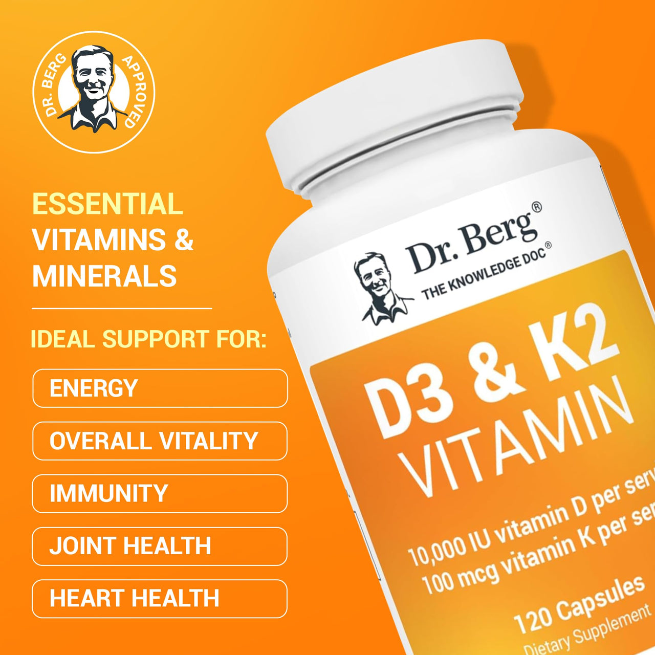 Dr. Berg Vitamin D3 K2 w/MCT Powder - Includes 10,000 IU of Vitamin D3, 100 mcg MK7 Vitamin K2, Purified Bile Salts, Zinc & Magnesium for Ultimate Absorption - K2 D3 Vitamin Supplement - 120 Capsule