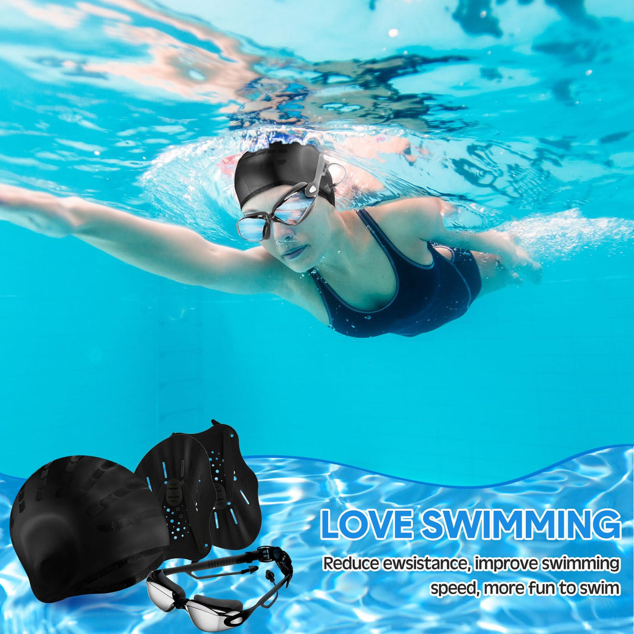 Foilswirl 8 Pcs Swimming Equipment Kit Anti Fog Swim Goggles Paddle Hand Cap Nose Cover Training Hand Paddles with Adjustable Straps for Lap Men Women(Black)