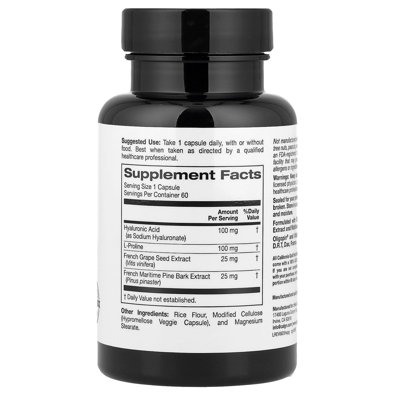 California Gold Nutrition Hyaluronic Acid Complex with L-Proline, French Grape Seed and French Maritime Pine Bark Extract, 60 Veggie Capsules
