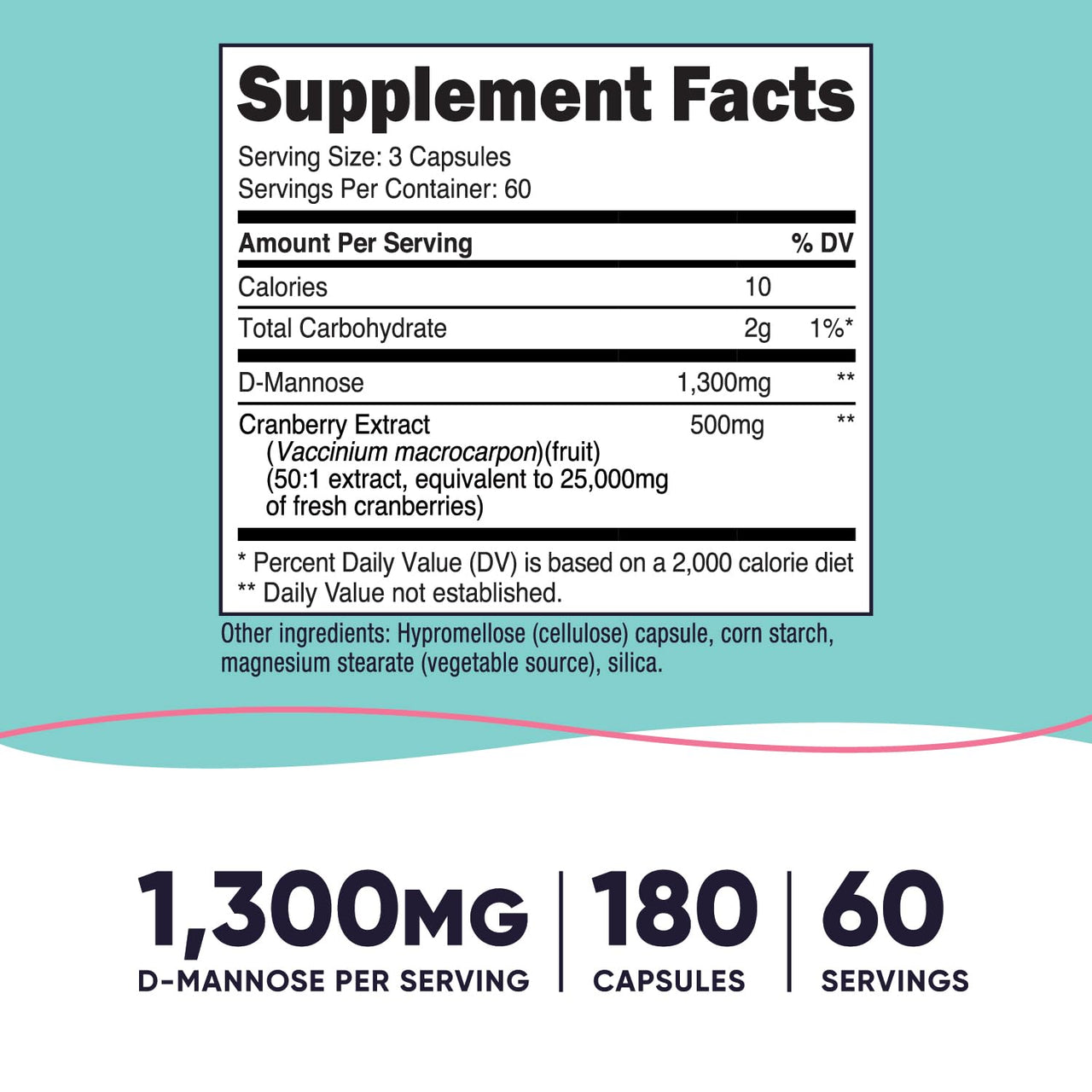 Nutricost D-Mannose 1300mg with Cranberry Extract for Women 25,000mg Equivalent from 500mg of 50:1 Extract Per Serving, 180 Capsules for 60 Servings Per Bottle - Vegan, GMO Free and Gluten Free