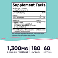 Thumbnail for Nutricost D-Mannose 1300mg with Cranberry Extract for Women 25,000mg Equivalent from 500mg of 50:1 Extract Per Serving, 180 Capsules for 60 Servings Per Bottle - Vegan, GMO Free and Gluten Free