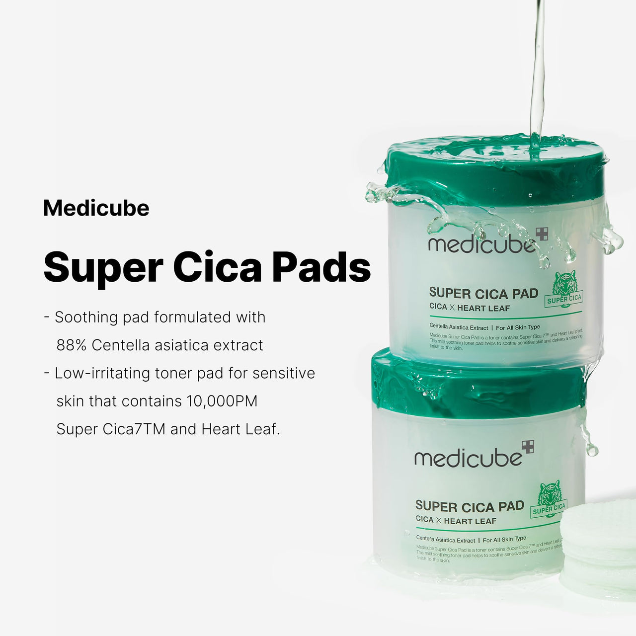 Medicube Super Cica Facial Toner Pads (70 Pads) - 88% Centella Asiatica to Soothe Sensitive Skin - Infused with Heartleaf for Deep Hydration and Improvement of Damaged Skin - 100% Vegan Ceritifed