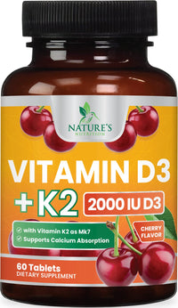 Thumbnail for Vitamin D3 K2, Chewable Cherry D3 2000 iu Plus K2 (MK-7) 75 mcg - 2 in 1 Vitamins D & K Complex - Vitamin K2 MK7 + D3 Supplement Supports Immune & Heart Health, Calcium Absorption, Bones - 60 Tablets