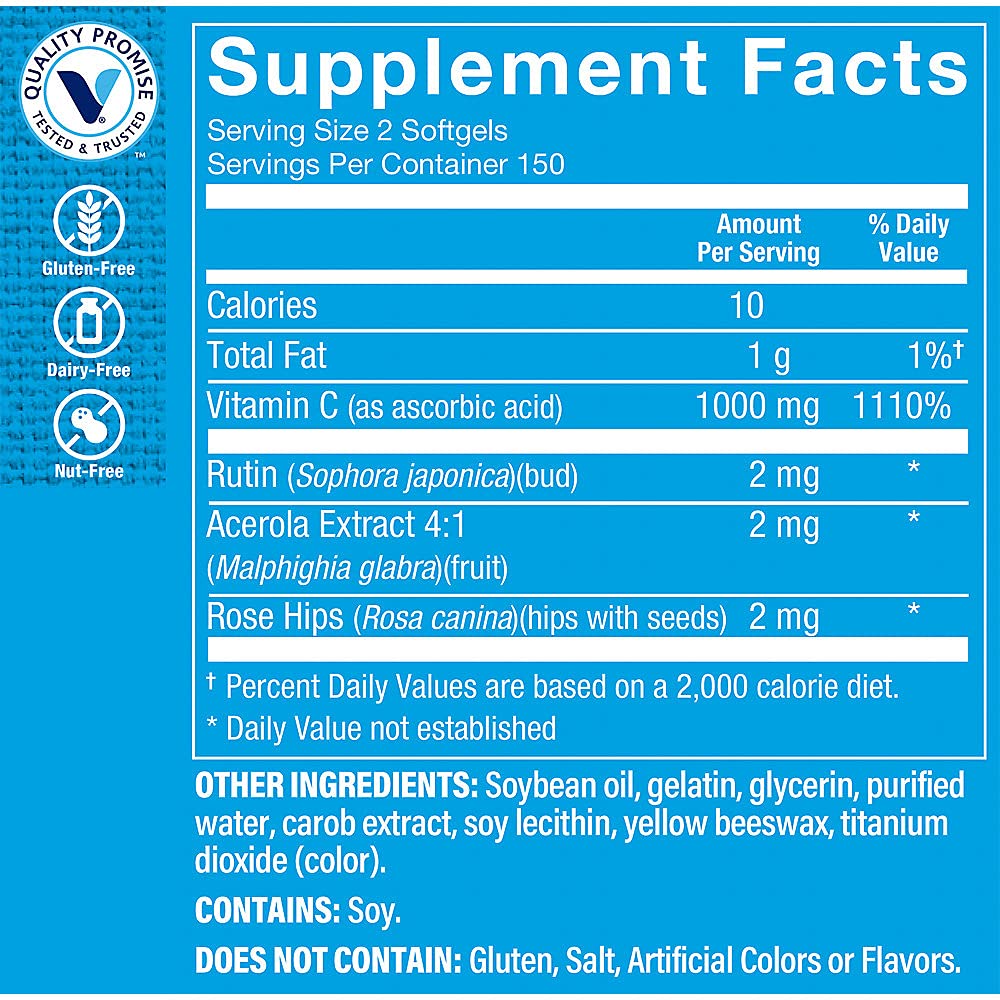The Vitamin Shoppe Brand Vitamin C 1000 mg Capsules with Antioxidants, Immune & Collagen Production Support Supplement for Men and Women, Sugar & Gluten Free, Vegetarian, Non GMO, 300 Softgels