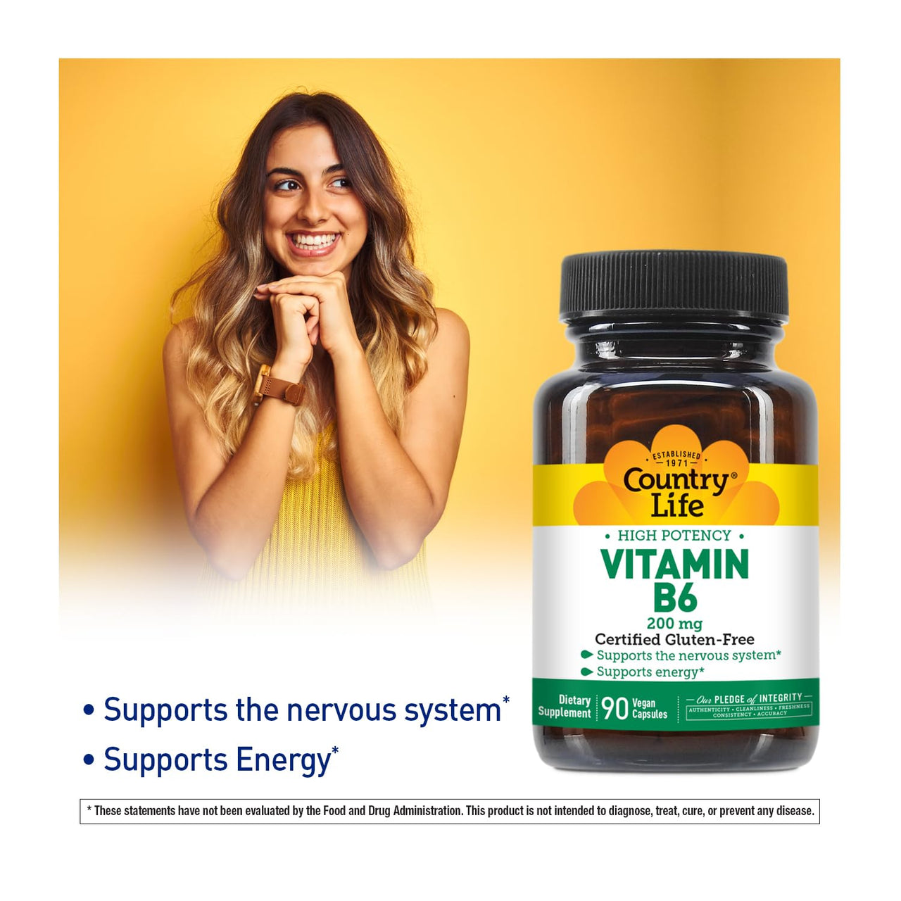 Country Life Vitamin B-6, High Potency, Supports Energy and The Nervous System, 200mg, 90 Vegan Capsules, Certified Gluten Free, Vegan, Halal