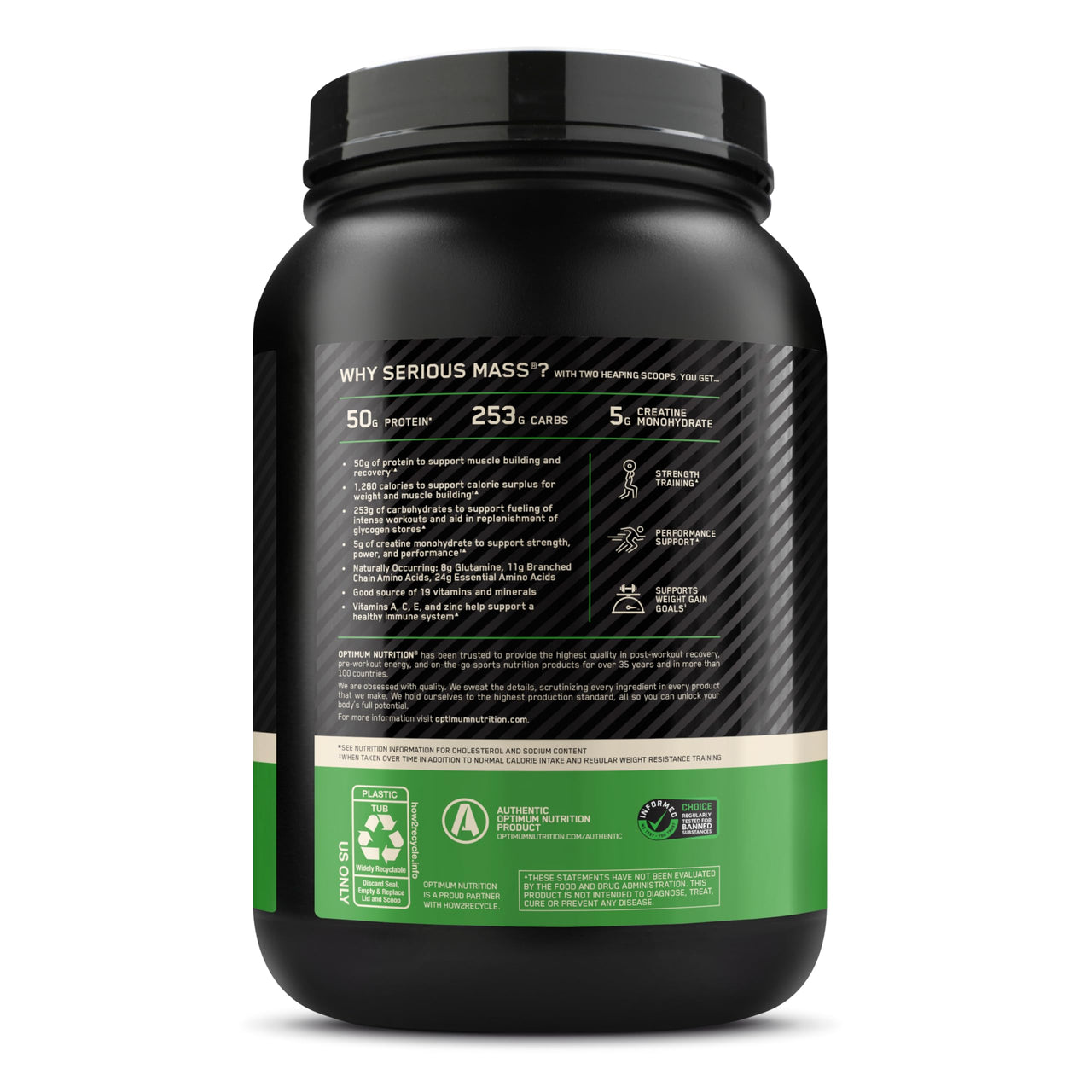 Optimum Nutrition Serious Mass, Weight Gainer Protein Powder, Mass Gainer, Vitamin C and Zinc for Immune Support, Creatine, Vanilla, 3 Pound (Packaging May Vary)