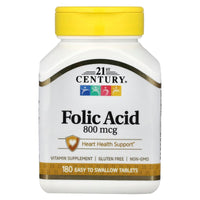 Thumbnail for 21st Century 800 mcg Folic Acid Tablets, Assorted, 180 Count