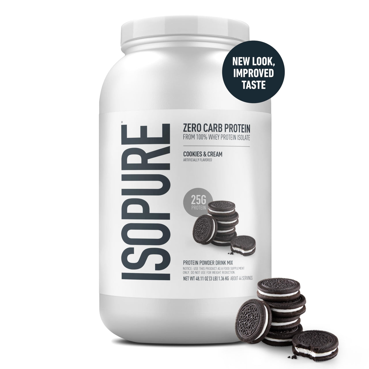 Isopure Zero Carb 100% Pure Whey Isolate Protein Powder, Gluten Free, With Vitamins, Cookies & Cream, 25g Protein Per Serving, 3 Pounds, 44 Servings (Packaging May Vary)