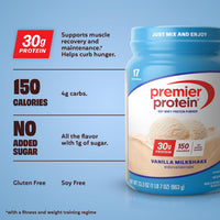 Thumbnail for Premier Protein Powder, Vanilla Milkshake, 30g Protein, 1g Sugar, 100% Whey Protein, Keto Friendly, No Soy, Gluten Free, 23.3 oz (17 Servings)