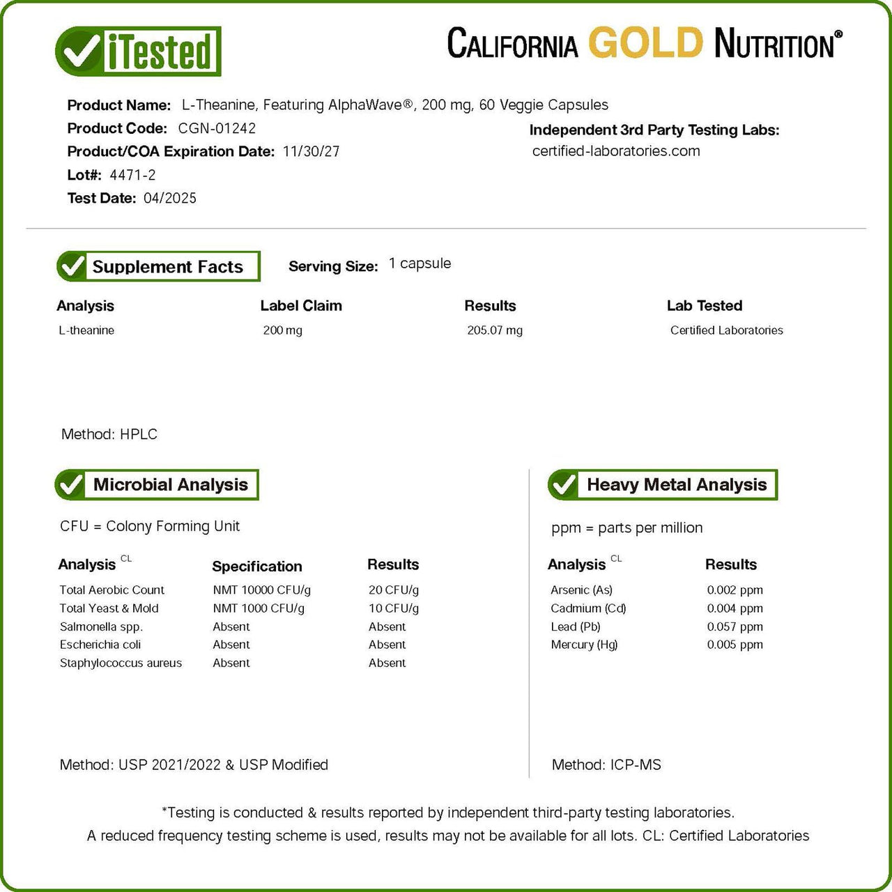 California Gold Nutrition L-Theanine, Featuring AlphaWave®, 200 mg, 60 Veggie Capsules