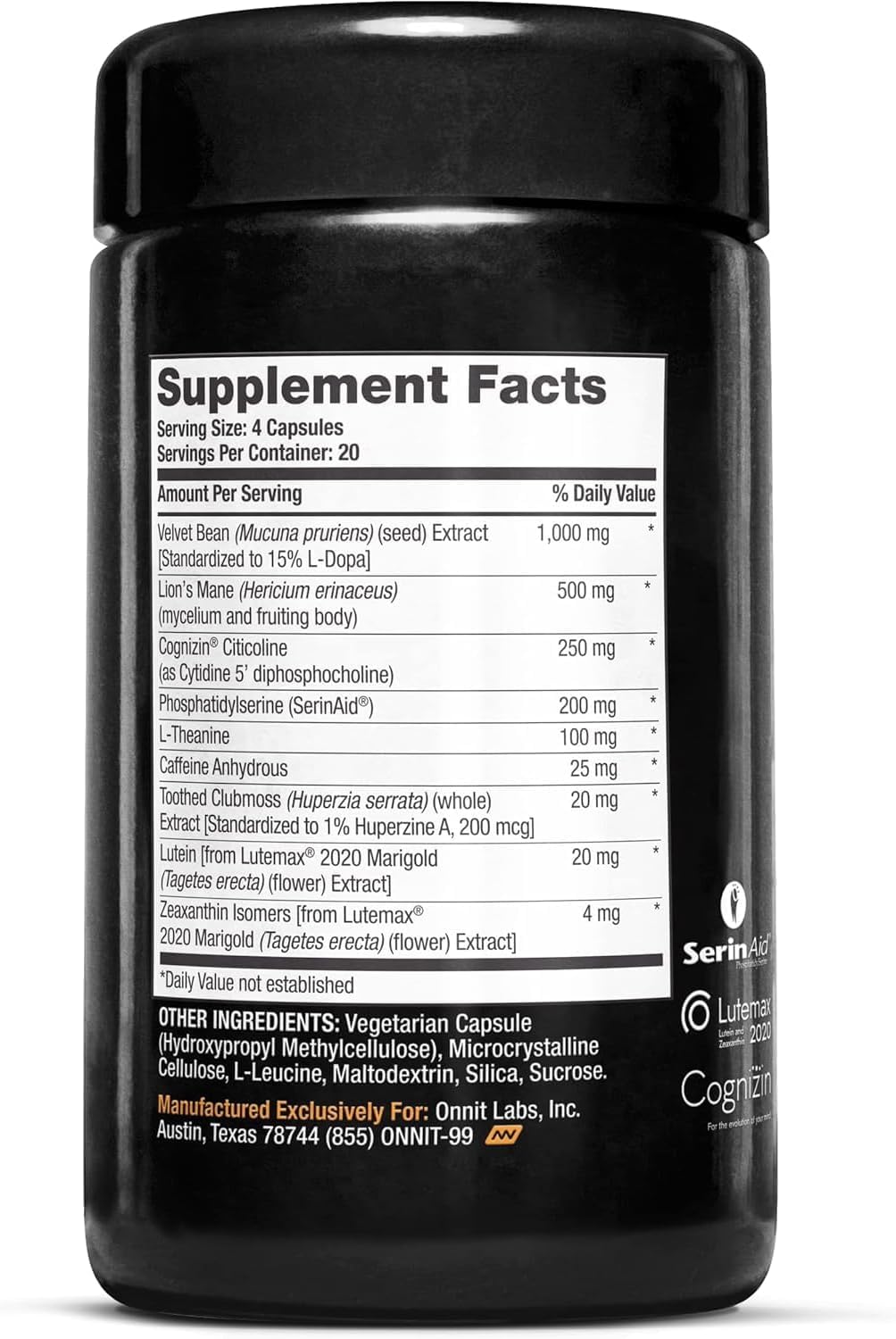 ONNIT Alpha Brain Black Label Capsules, IGEN Non-GMO Tested Citicoline Brain Supplement for Concentration and Memory, Lion’s Mane, Lutemax Lutein, L Theanine and Mucuna Pruriens, 80 Count