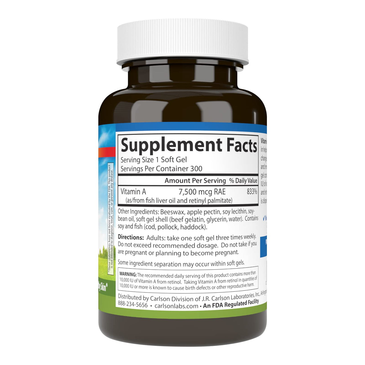 Carlson - Vitamin A, 25000 IU (7500 mcg RAE) with Pectin, Vision Health, Helps Night Vision, Skin Health, 300 Softgels