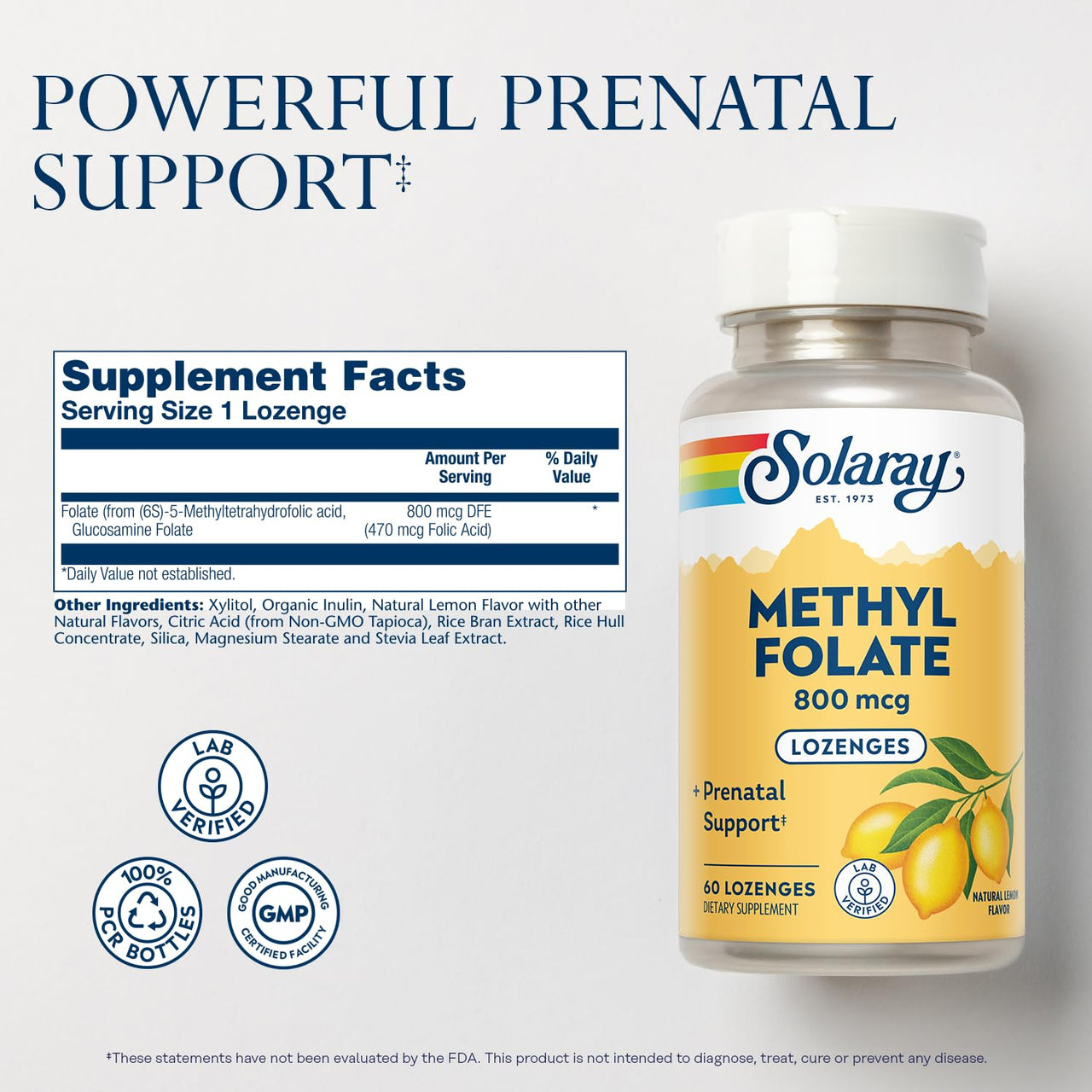 SOLARAY Methyl Folate 800 mcg - 470 mcg Folic Acid - 5-MTHF Prenatal Vitamins - Natural Lemon Flavor - Natural Sweeteners - Lab Verified - 60-Day Guarantee - 60 Servings, 60 Lozenges