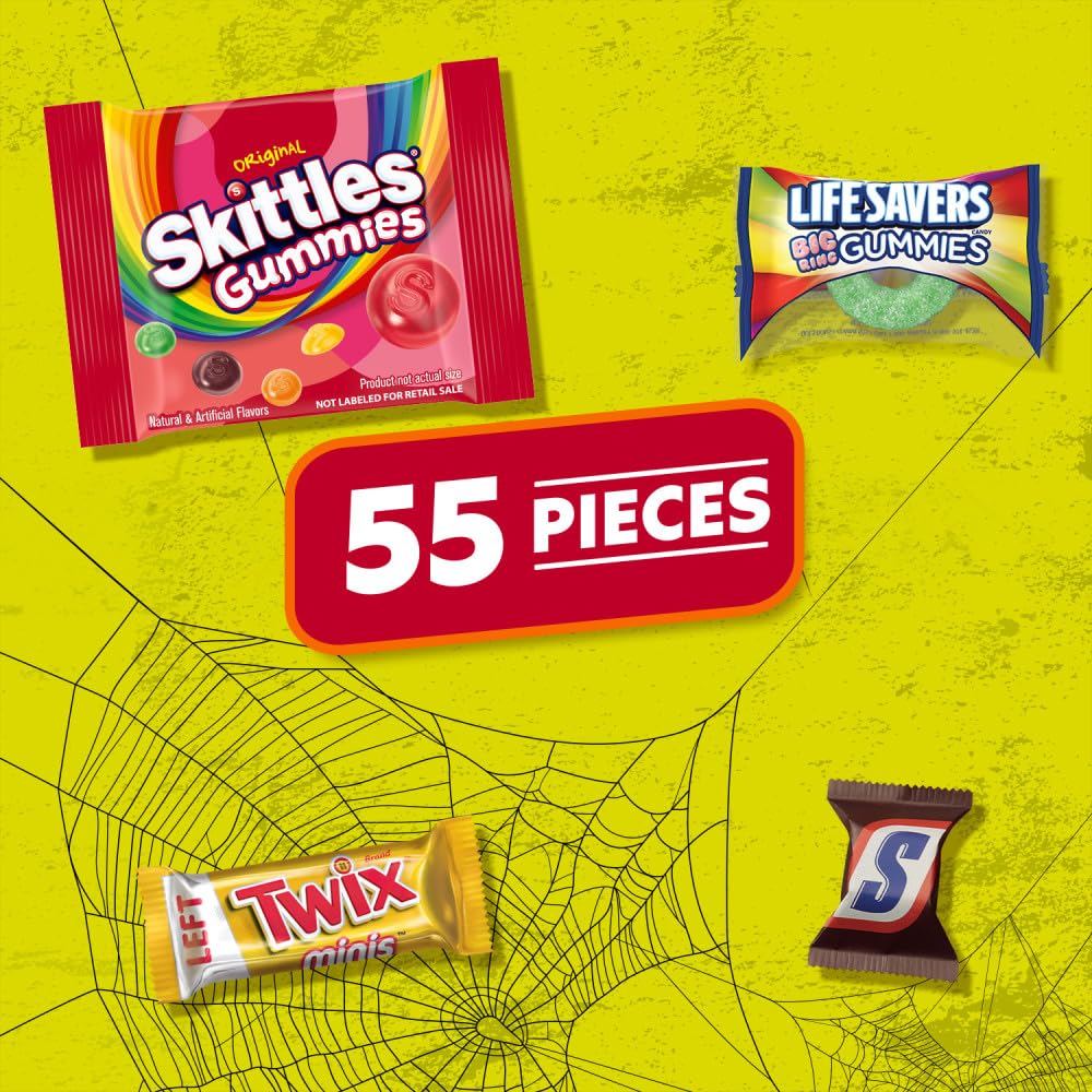 SNICKERS, SKITTLES Gummies, TWIX & LIFE SAVERS Halloween Gummies Fun Size and Mini Chocolate Candy Variety Pack, Halloween Candy Individually Wrapped, 55 Ct Bulk Bag