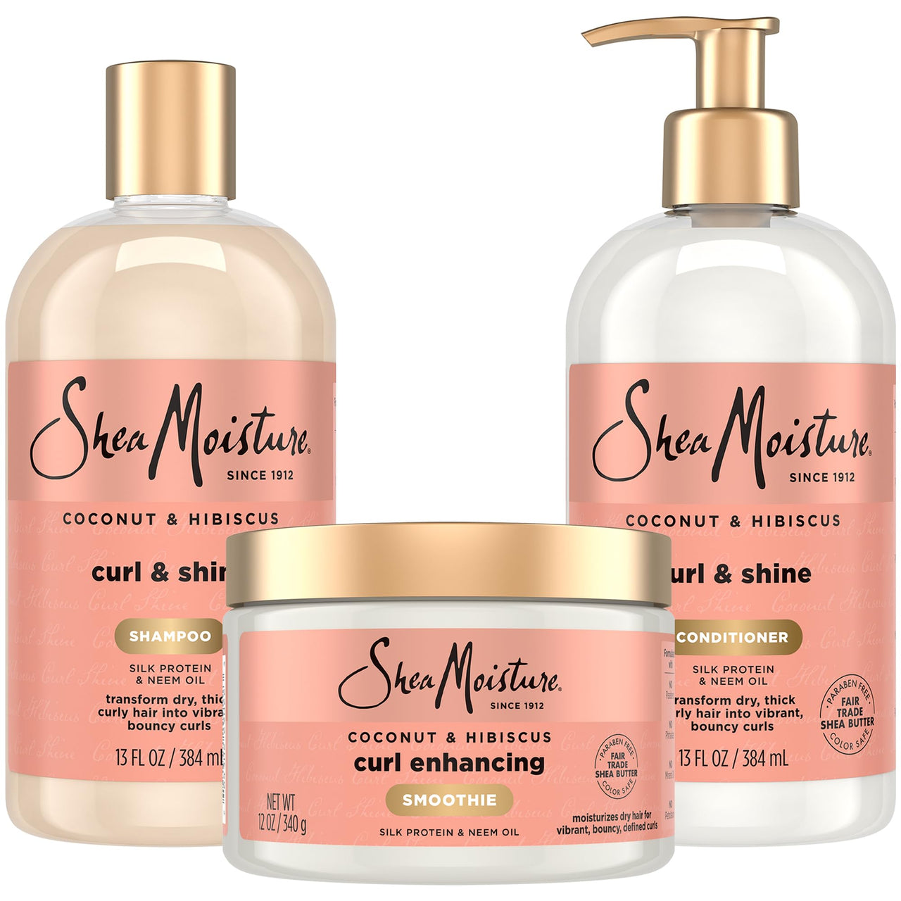 SheaMoisture Coconut & Hibiscus Curl & Shine Shampoo & Conditioner + Curl Enhancing Smoothie for Bouncy Curls, Frizz Control, Gifts for Women