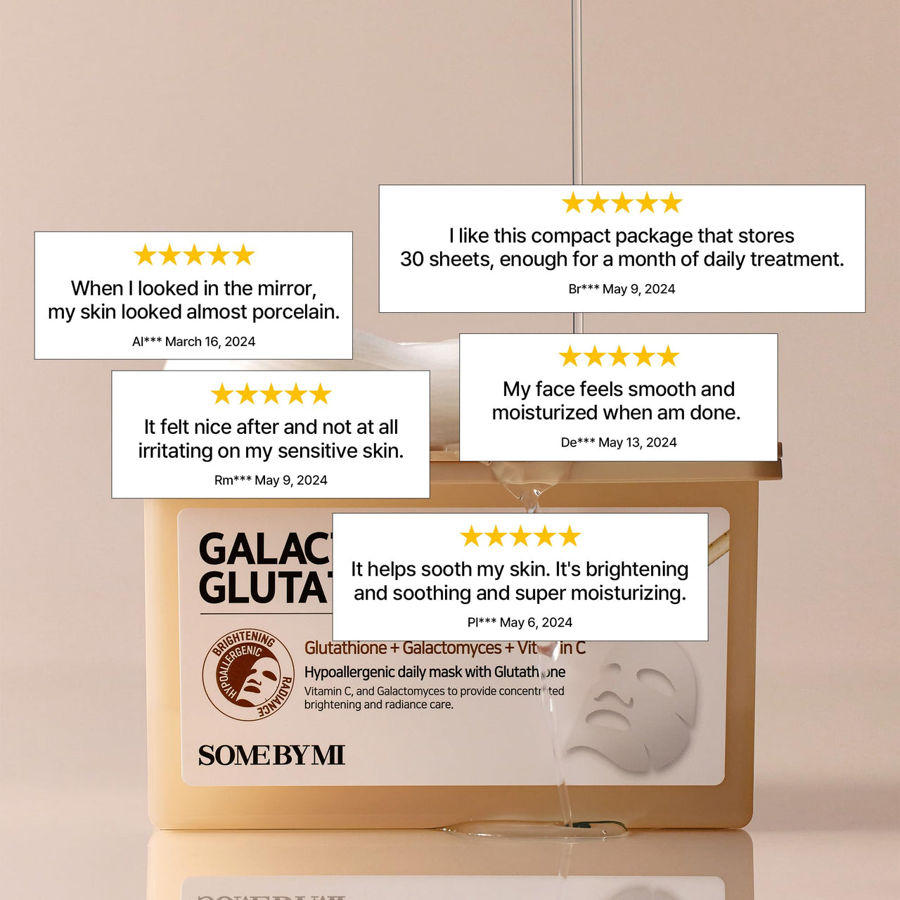 SOME BY MI Galactomyces Glutathione Daily Mask - 30 Sheets, 11.8Oz - Vitamin C Vegan Face Sheet Mask for Skin Brightening Routine - Skin Moisturizing and Glowing Care for Glass Skin - Korean Skin Care
