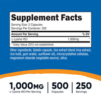 Thumbnail for Nutricost L-Lysine 1000mg Per Serving, 250 Servings, 500 Capsules - Gluten Free, Non-GMO, 500mg Per Capsule