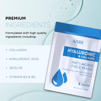 Thumbnail for Azure Cosmetics Hyaluronic Acid & Collagen Anti Aging Sheet Facial Mask - Rejuvenating & Moisturizing Face - Helps Reduce Fine Lines & Wrinkles, Tightens & Smooths - Made in Korea - Pack of 5