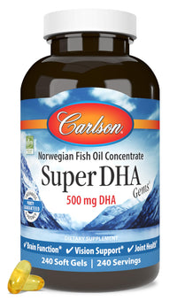 Thumbnail for Carlson Super DHA Gems - 500 mg DHA Supplements, 640 mg Fatty Acids, Norwegian Fish Oil Concentrate, Wild-Caught, Sustainably Sourced Fish Oil Capsules, 240 Softgels