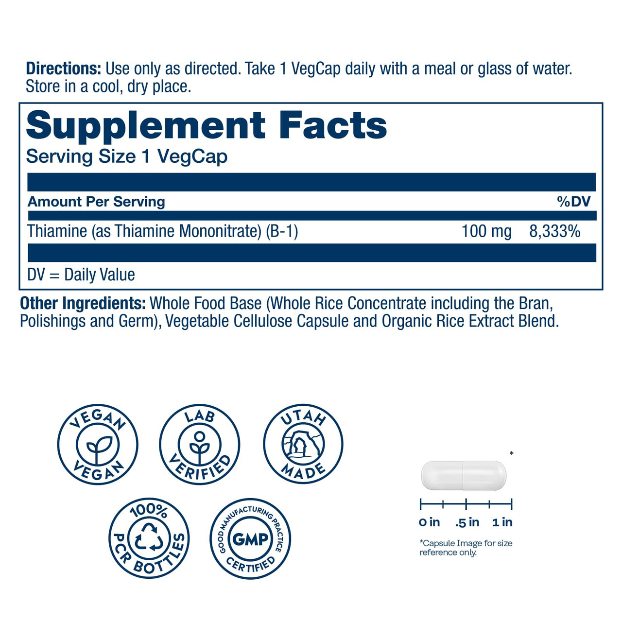 SOLARAY Vitamin B-1 100 mg | Healthy Energy Metabolism, Skin, Brain, Heart & Nervous System Support | 100 VegCaps