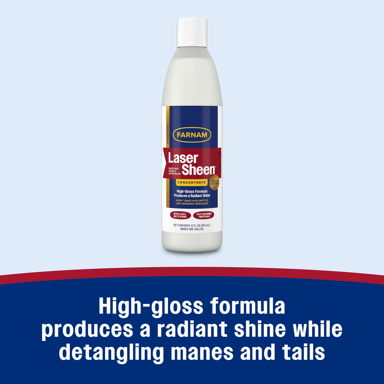 Farnam Laser Sheen Dazzling Shine and Detangler Concentrate for Horses, Repels Dirt and Stains, Makes 1 Gallon of Spray, 12 fluid ounces