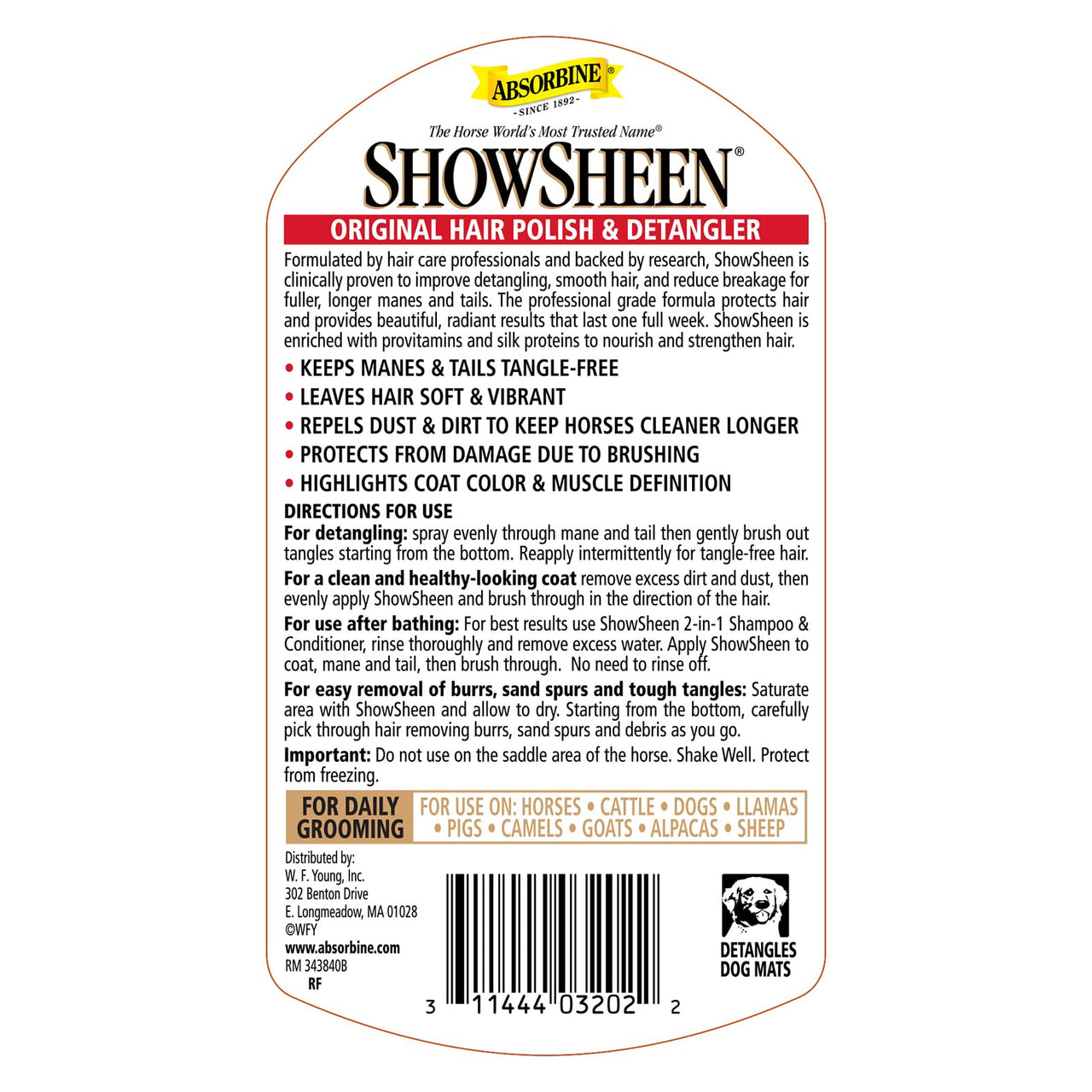 Absorbine ShowSheen Hair Polish & Detangler 32oz Refill Bottle, Horse and Dog Coat, Mane and Tail, Instant Detangling & Reduces Hair Breakage for Healthy Grooming & Radiant Shine