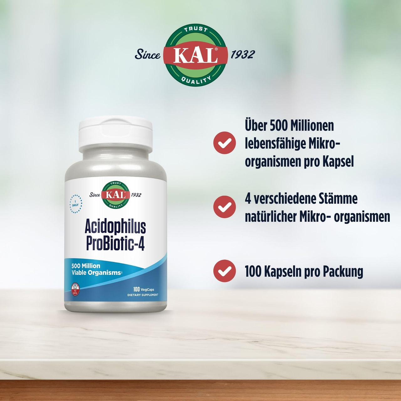 KAL Acidophilus ProBiotic-4, 500 Million CFUs, Four Probiotic Strains, Probiotics for Women and Men, Freeze Dried, L. acidophilus, L. bulgaricus, S. thermophilus, B. bifidum, 100 Servings, 100 VegCaps