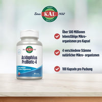 Thumbnail for KAL Acidophilus ProBiotic-4, 500 Million CFUs, Four Probiotic Strains, Probiotics for Women and Men, Freeze Dried, L. acidophilus, L. bulgaricus, S. thermophilus, B. bifidum, 100 Servings, 100 VegCaps