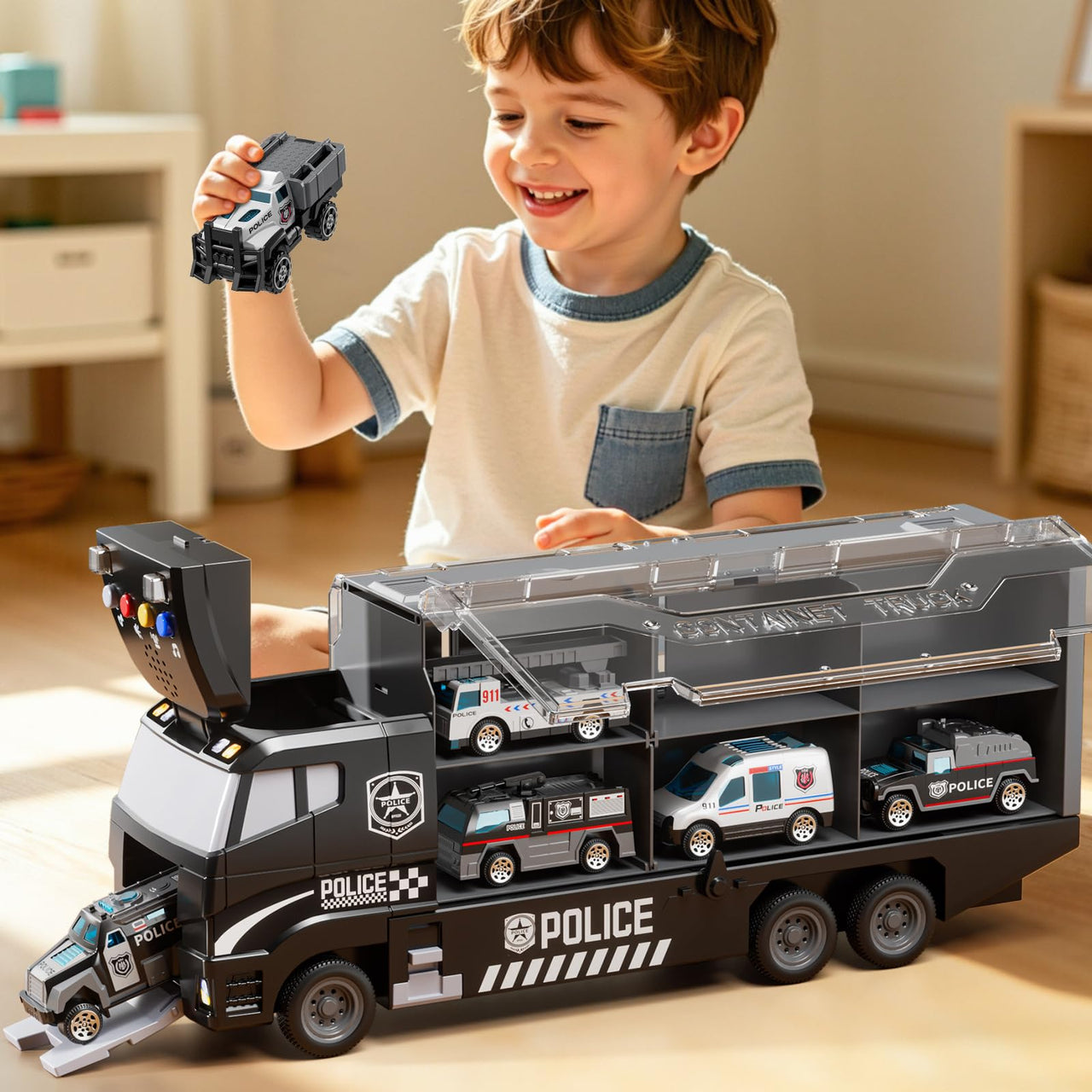 XINNOVEL Carrier Truck Toddlers Toys for 3 4 5 6 7 Years Old Boys, Toy Truck Transport Car & Die-Cast Car and Play Mat, Police Car Toys Birthday Gifts for Kids 3 4 5 6 7 8+ Years Old Boys Girls