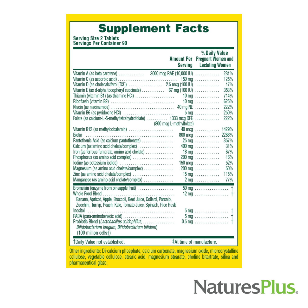 NaturesPlus Source of Life Prenatal - 180 Tablets - Multivitamin & Mineral Supplement with Iron - Nutritional Support for Pregnancy - Gluten Free, Vegetarian - 90 Servings