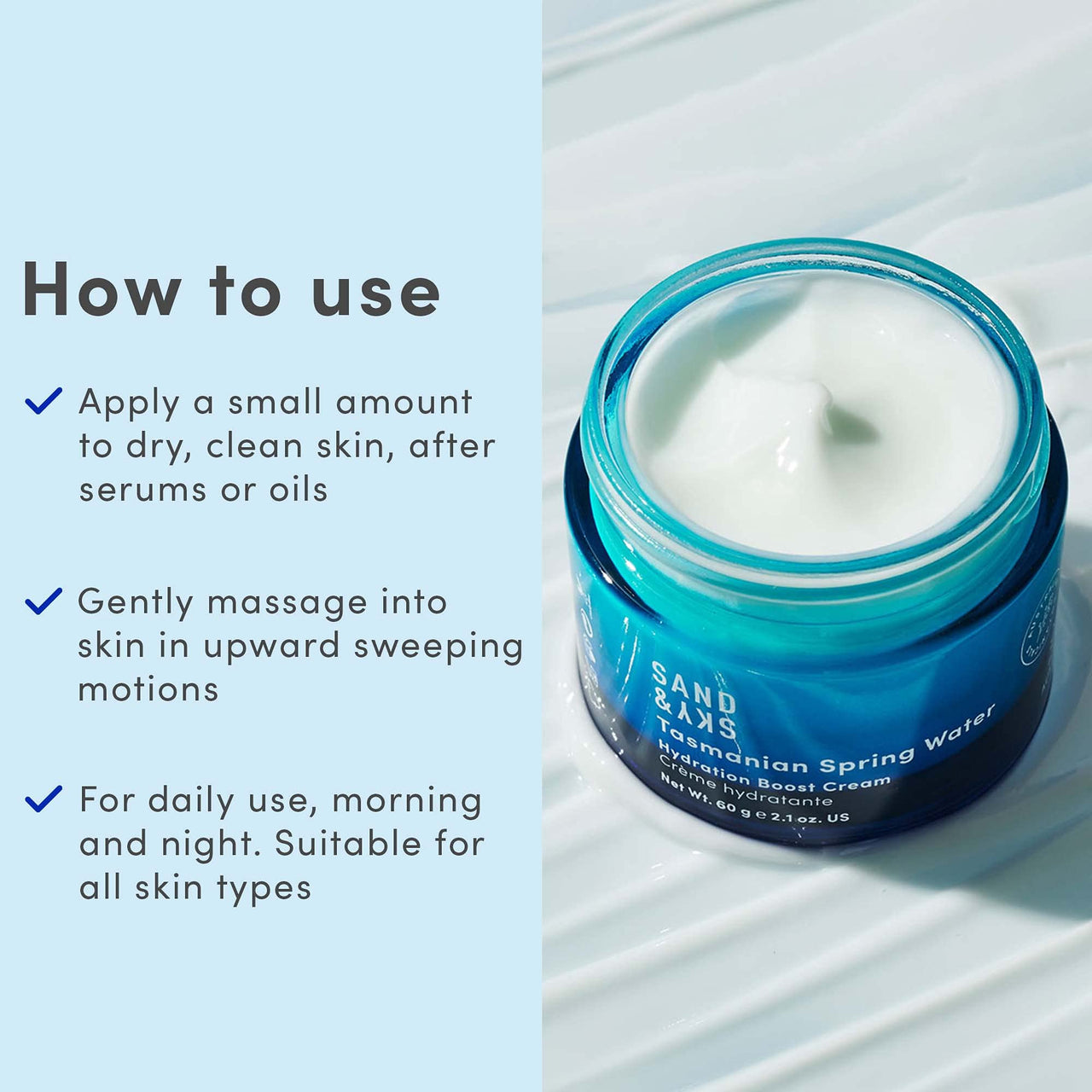Sand & Sky Face Moisturizer Hyaluronic Acid Gel Cream - Tasmanian Spring Water Hydration Boost, Lightweight Water Cream for Dry Skin, Red Algae Skin Barrier Protection, Australian Skincare, 1.7 oz
