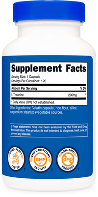 Thumbnail for Nutricost L-Theanine 200mg, 120 Capsules, Double Strength - Non-GMO, Gluten Free