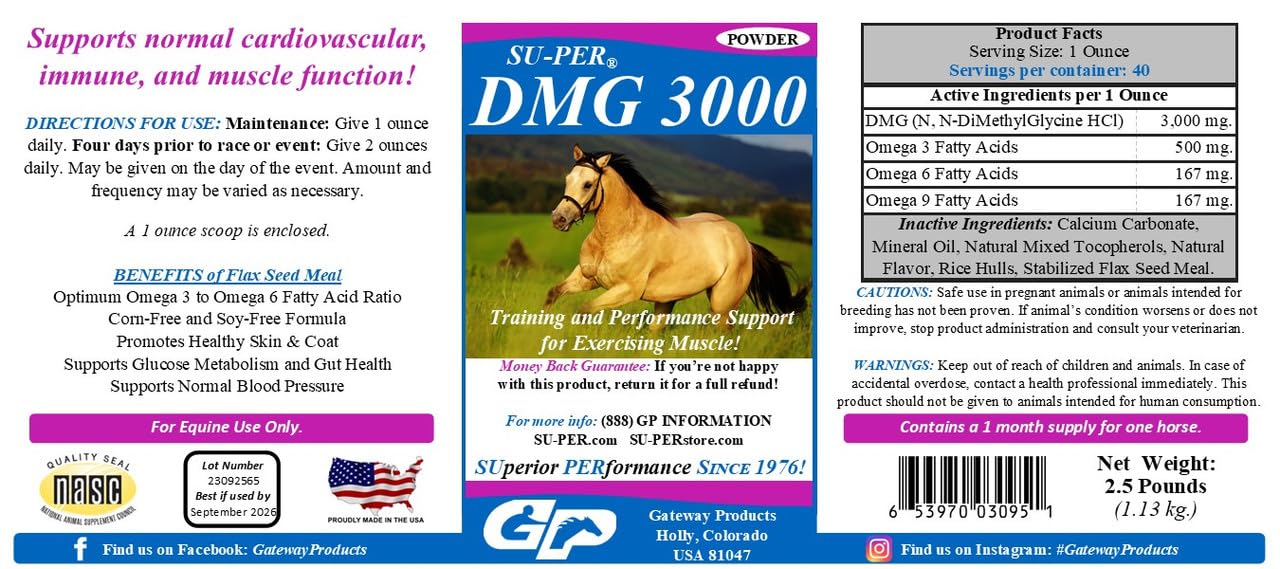 SU-PER DMG 3000 Horse Supplement - Training & Performance Support Powder - Supports Normal Cardiovascular Immune & Muscle Function - 2.5 Pounds