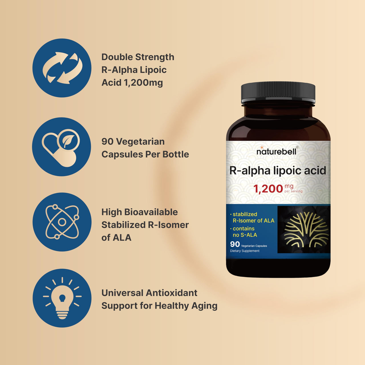 NatureBell R-Alpha Lipoic Acid - 90 Capsules - Delivers 1,200mg R-ALA Per Serving - Antioxidant & Cellular Energy Support* - Stabilized R-Isomer ALA - Non-GMO & Gluten-Free