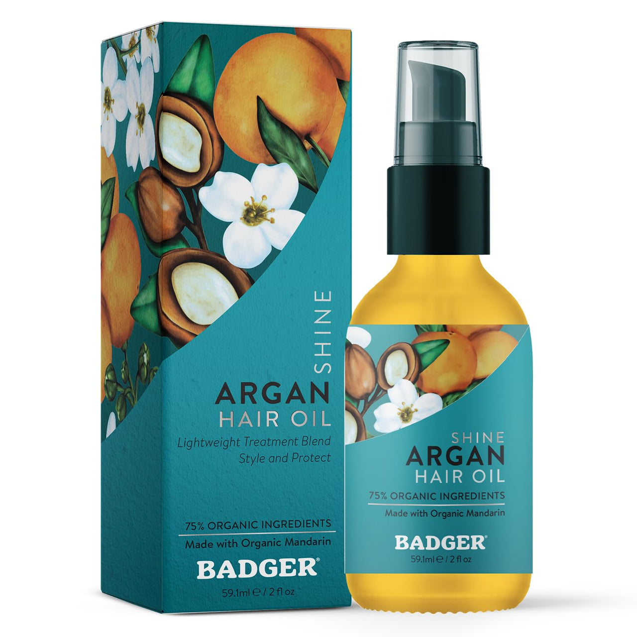 Badger Organic Argan Hair Oil, Ultra Light Dry Hair Oil for a Healthy Shine, Organic Abyssinian Oil, Moroccan Argan Oil & Coconut Oil Protect & Repair Hair, 2 fl oz Glass Bottle