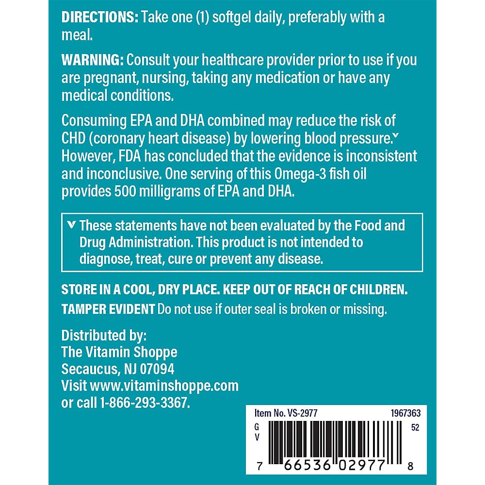 The Vitamin Shoppe Brand Omega 3 Fish Oil 1000 mg Softgels, 300 mg EPA & 200 mg DHA, Unflavored Fish Oil Supplement for Men & Women, Gluten Free, Soy & Dairy Free, 240 Softgels