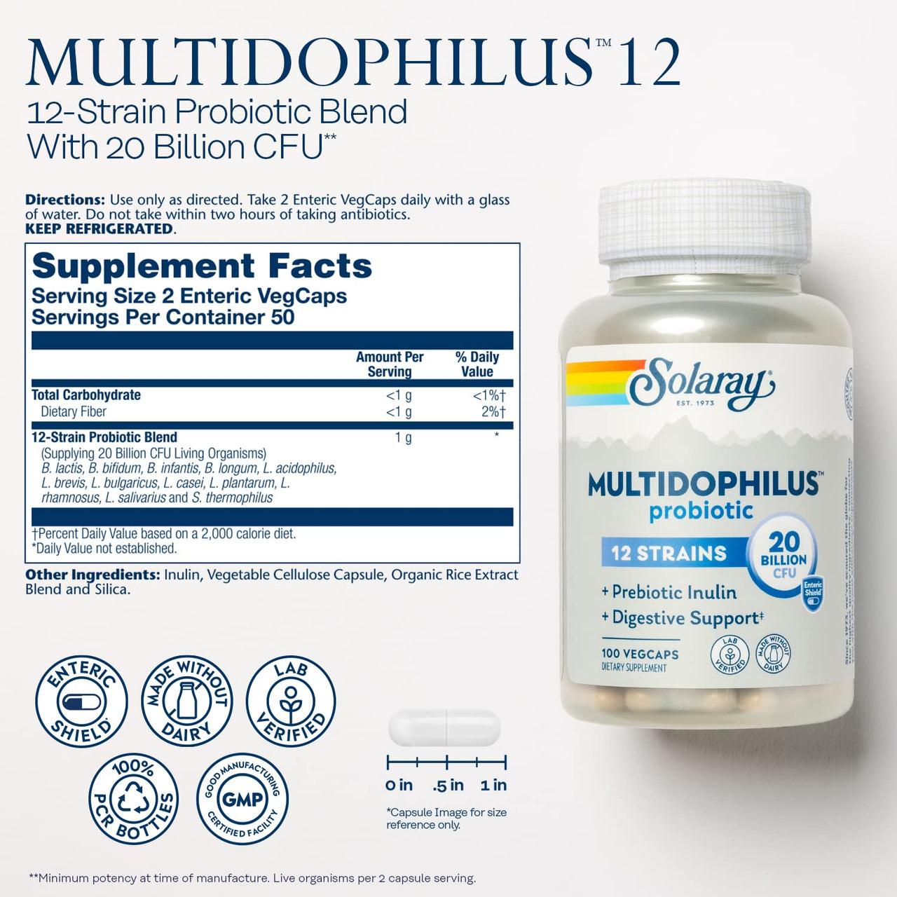 Solaray Multidophilus 12 Strain Probiotic 20 Billion CFU, Probiotics for Digestive Health for Women and Men, Daily Gut Health Support Complex with Prebiotic Inulin, No Dairy - 100 VegCaps