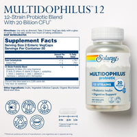Thumbnail for Solaray Multidophilus 12 Strain Probiotic 20 Billion CFU, Probiotics for Digestive Health for Women and Men, Daily Gut Health Support Complex with Prebiotic Inulin, No Dairy - 100 VegCaps