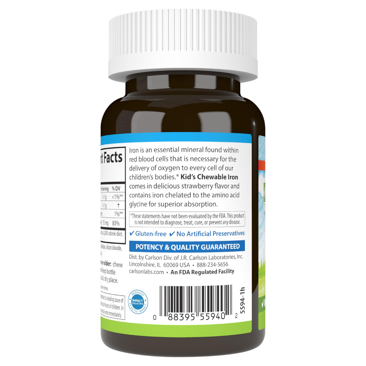 Carlson - Kid's Chewable Iron, 15 mg, Superior Absorption, Blood Health, Energy Production & Optimal Wellness, Natural Strawberry Flavor, 60 Tablets