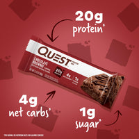 Thumbnail for Quest Nutrition Chocolate Brownie Protein Bar, 20g Protein, 1g Sugar, 4g Net Carb, Gluten Free, Gluten Free, 12 Count