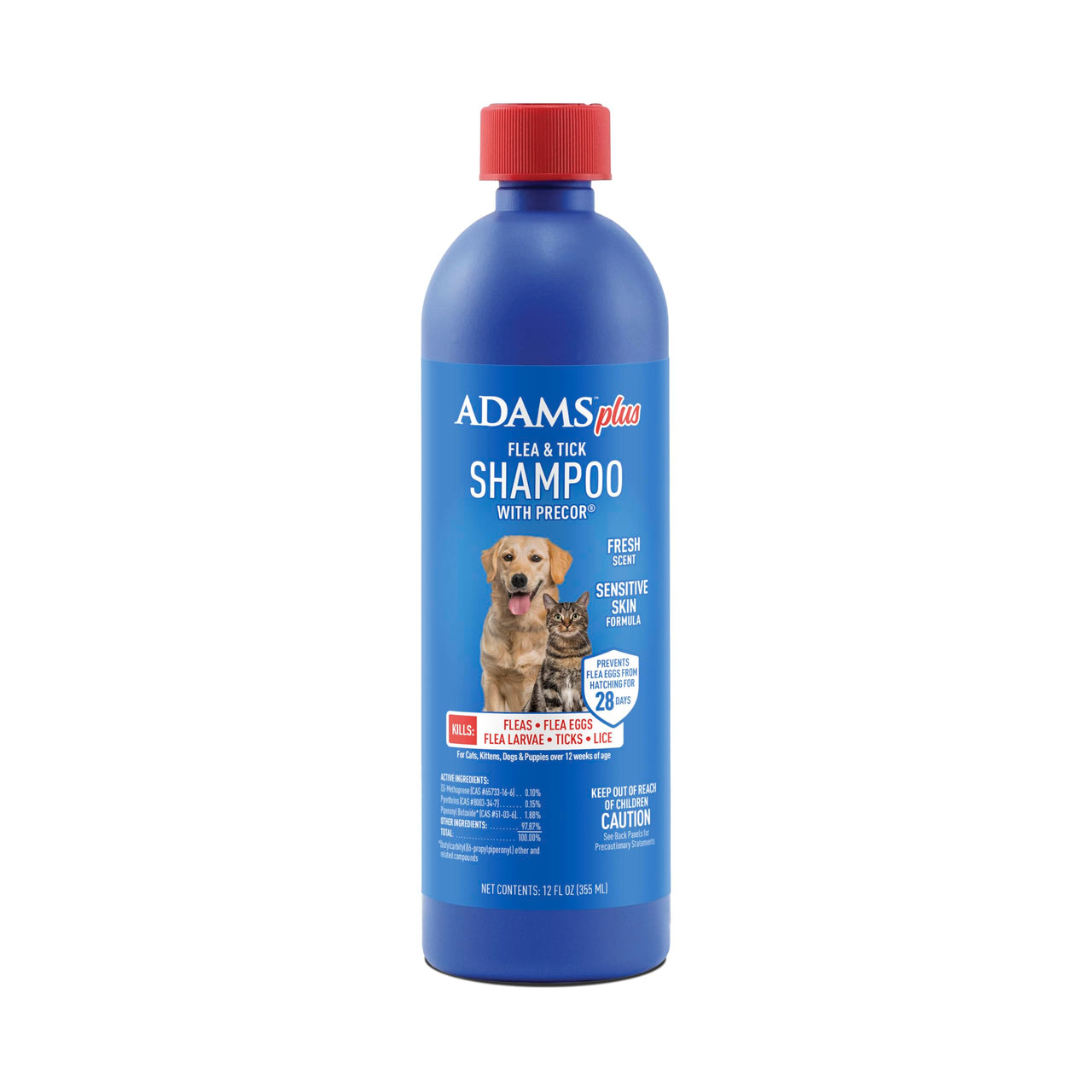 ADAMS Plus Flea & Tick Shampoo with Precor for Dogs, Cats, Puppies & Kittens, Flea Shampoo to Treat Flea Infestations, Kills Ticks, Fleas, Flea Eggs & Lice, Cleans and Conditions Coat, 12 Ounces