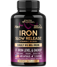 Thumbnail for Iron Supplement for Women - Iron 65mg (Ferrous Sulfate 325mg) - Stomach Friendly | Slow Release Iron | High Absorption - Vitamins C, D3, B6, B12 & Folate - Iron Level & Energy Support - 60 Capsules