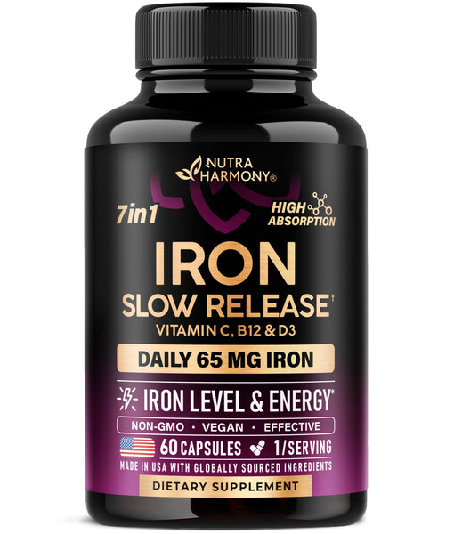 Iron Supplement for Women - Iron 65mg (Ferrous Sulfate 325mg) - Stomach Friendly | Slow Release Iron | High Absorption - Vitamins C, D3, B6, B12 & Folate - Iron Level & Energy Support - 60 Capsules
