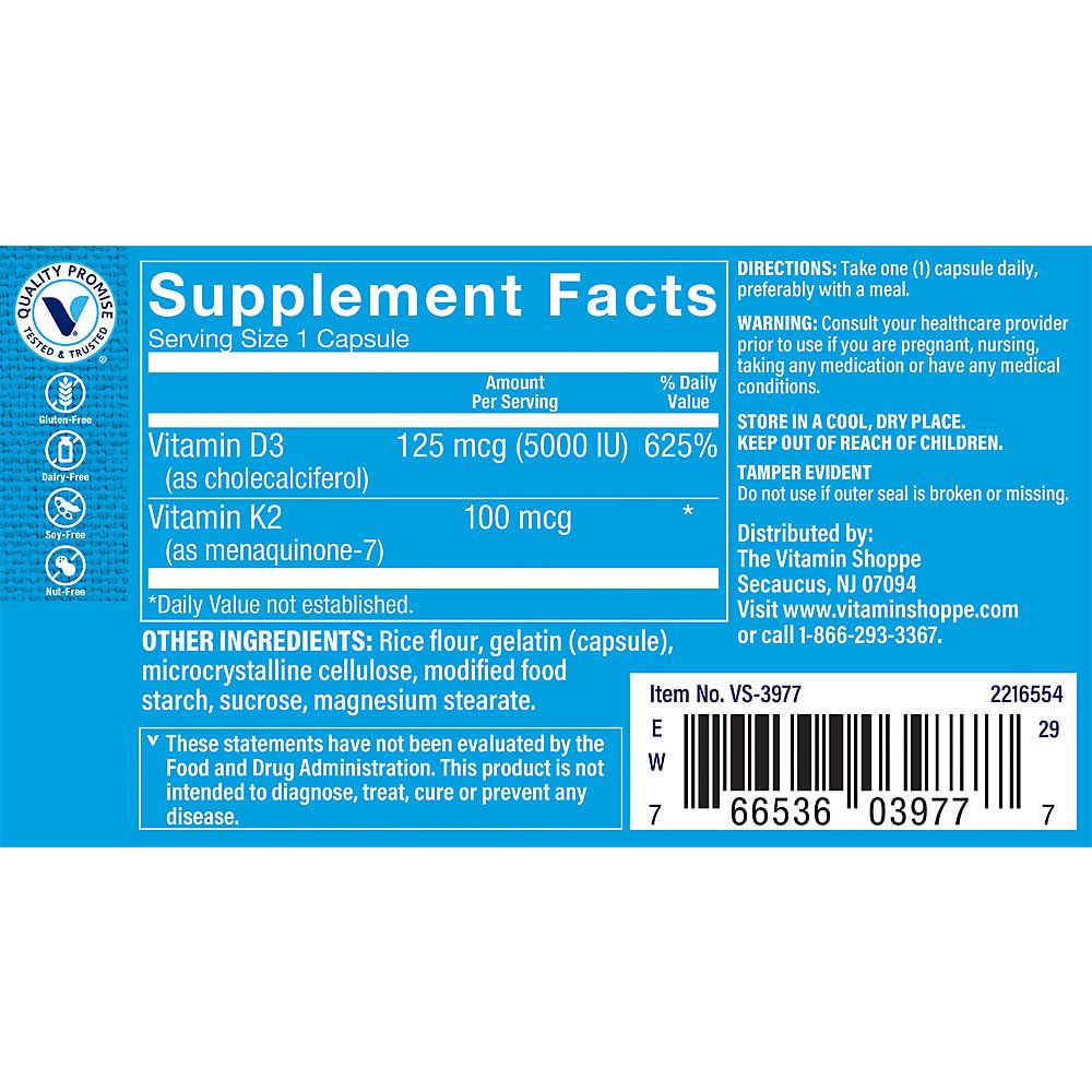The Vitamin Shoppe Vitamin D3 5,000 IU - Bone Health, Immune Function & Calcium Absorption Support, Daily Vitamin (60 Capsules)